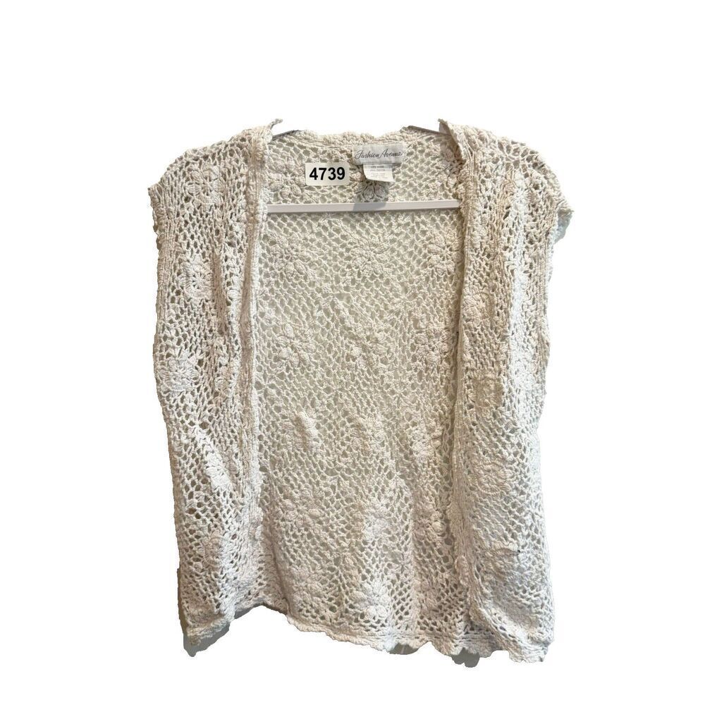 VTG Fashion Avenue Womens White Cardigan L Floral Crochet Fairy Whimsy Boho